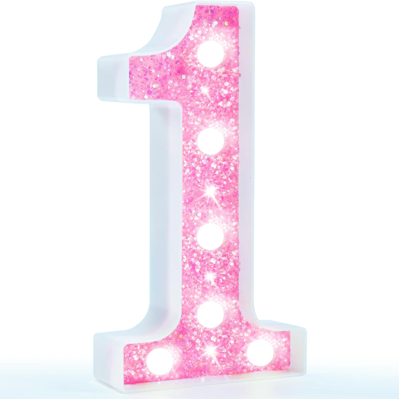 Photo 1 of Pooqla Marquee Number Lights, Pink Light Up Numbers for Girls 1st 10th Birthday, Battery Powered Glitter Number Night Light Gift for Christmas Bedroom Dorm Party Decoration, Cool White Number 1