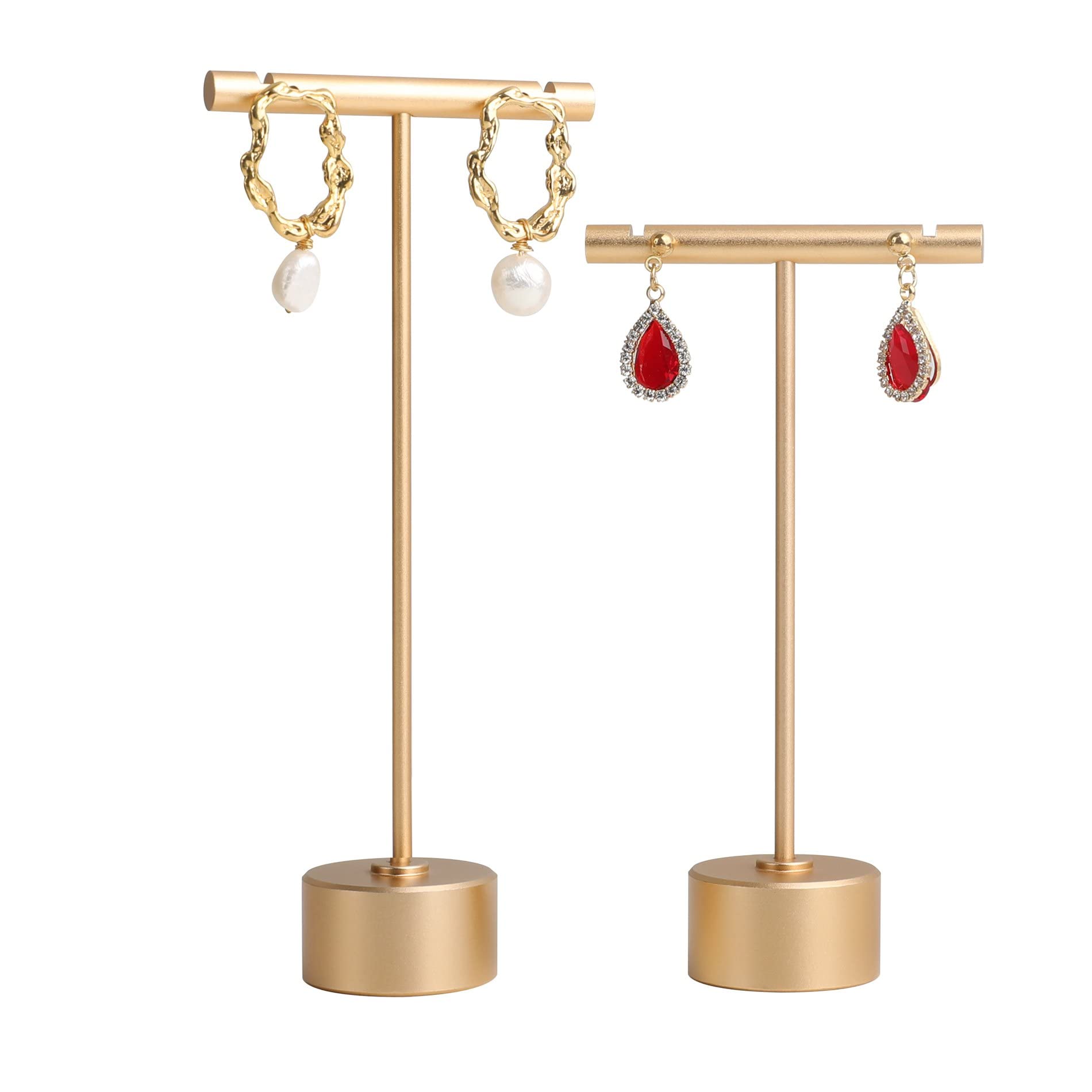 GemeShou 2pcs Gold Earring T bar display stand, Metal Earring Display Holder for retail selling, small Jewelry photography props for Show【Gold-Round Base 2pcs】