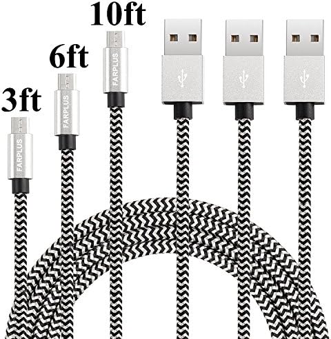 Farplus Micro USB Cable,3Pack 3 6 10 FT Android USB Charger Cable Extra Long Nylon Braided Fast Charging Cords for Samsung/LG/Nexus/HTC/Nokia/MP3/Tablet/Kindle/Windows(Black/Silver)