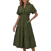 Wenrine Womens Summer Short Sleeve Maxi Dresses Casual V Neck Smocked Loose Tiered Flowy Shirt Dress with Pockets