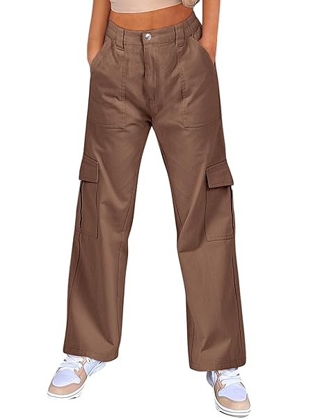 ANRABESS WOMEN’S CARGO PANTS HIGH WAISTED BAGGY MULTIPLE POCKETS CASUAL TRENDY FASHION RELAXED FIT Y2K TROUSERS BROWN MEDIUM