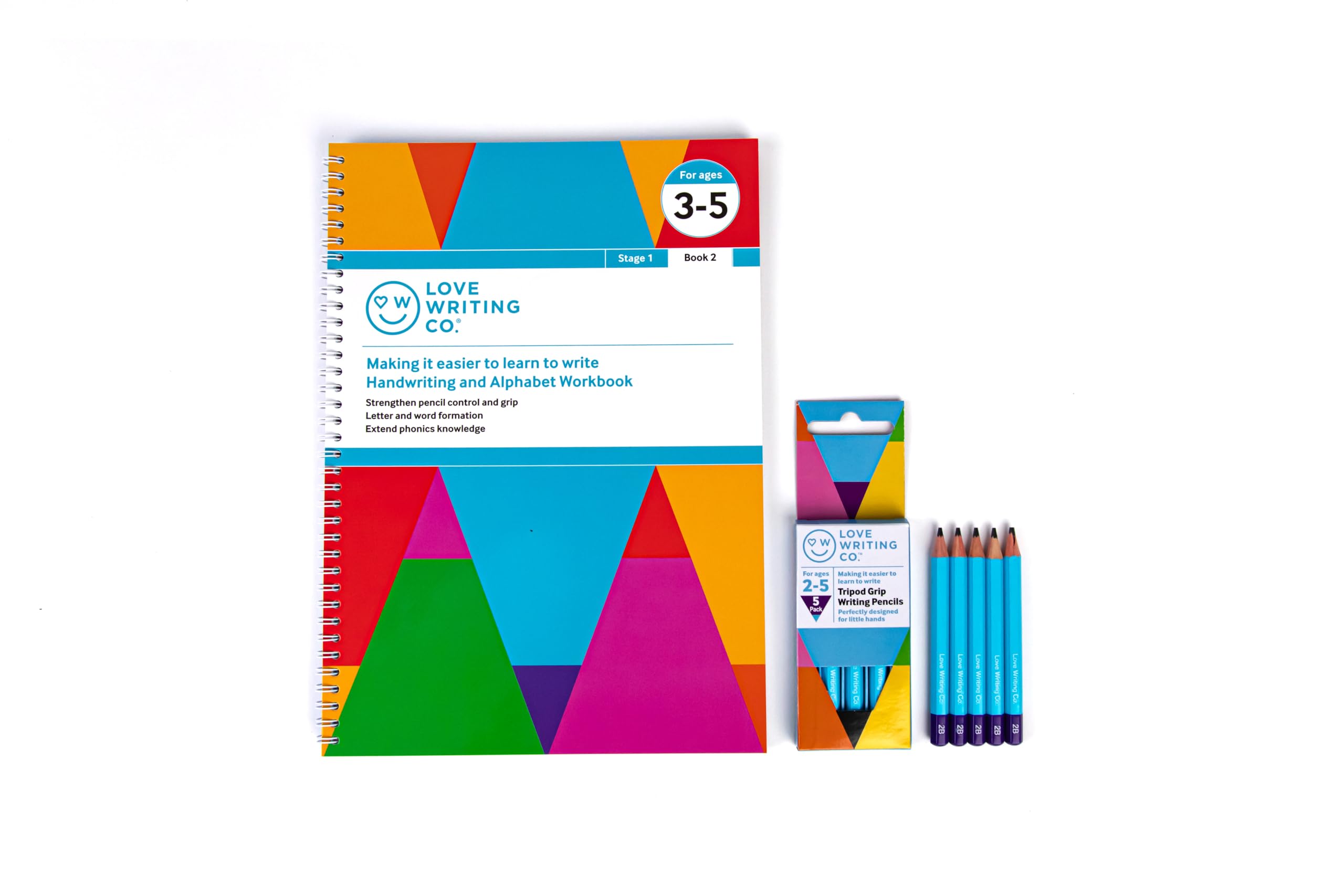 Love Writing Co. Learn To Write Pack 2 | Age 3-5 Years | Pack of 5 Kids Pencils, Handwriting Practice Book and Alphabet Practice Stage 1 Book 2 | Pencil Control and Grip | Phonics | SEN