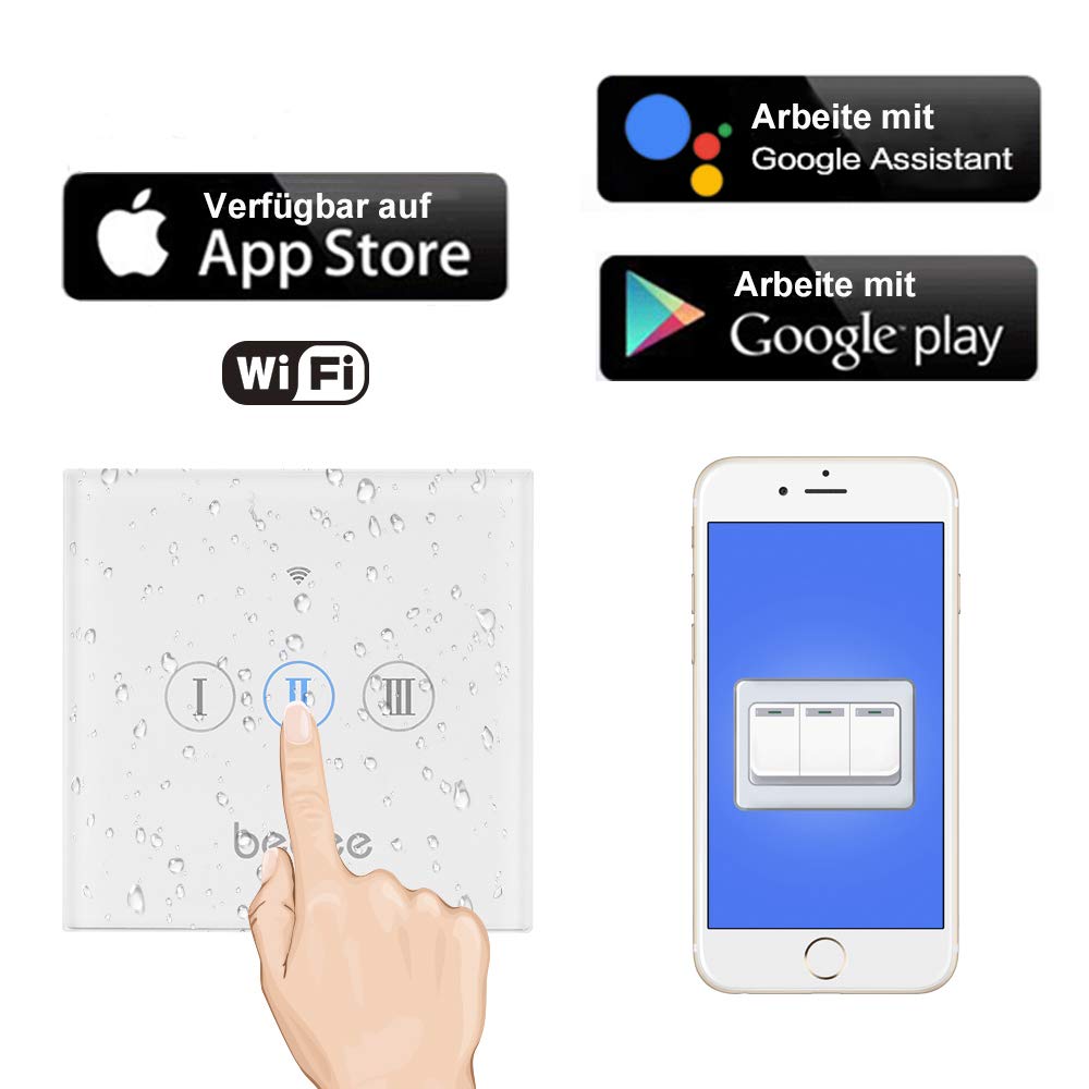Rolladen Zeitschaltuhr WiFi Rolladenschalter bedee Smart Lichtschalter Wireless Touch Funkschalter Kompatibel mit Alexa Echo Und Google Assistant App Touchscreen Fernbedienung Timing Funktion 3 Gang