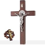 4Soul Crucifix | Saint Benedict wall cross | 8.7" Wooden cross decor with silver color Jesus and St Benedict medal | Religiou