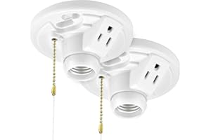 Maxxima Plastic Lamp Holder, w/Outlet & Pull Chain, One-Piece Medium Base, E26 Bulb Socket, Outlet Box Mount, 660W, Ceiling Lighting, Compatible with LED and Incandescent Light Bulbs - 2 Pack