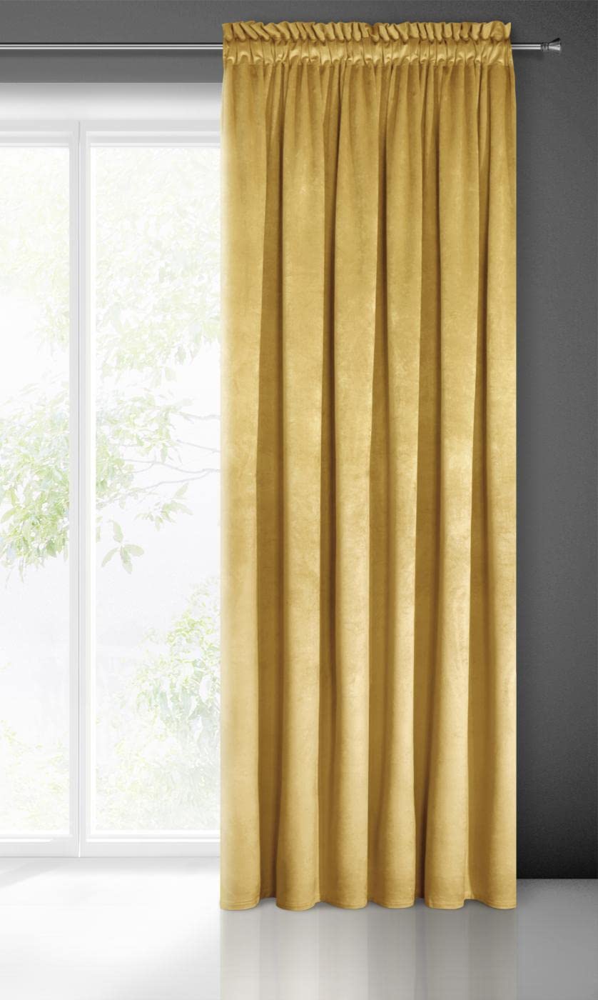 Eurofirany PIERRE Soft Plain Opaque Velvet Curtain with Rufflette Tape For Rail - 1 Unit, Fluffy Panel Drape Classic Glamour Elegant Living Room, Bedroom, 215 g/m2, W55 x L118, Mustard Yellow