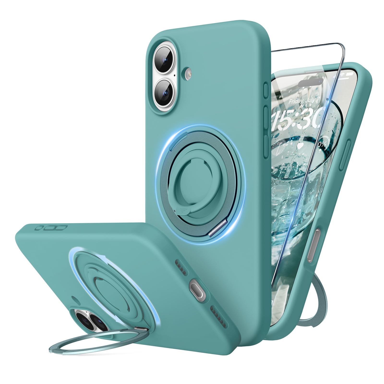 SURPHY Design for iPhone 16 Plus Case, with 360° Rotatable Magnetic Stand & Finger Ring, Liquid Silicone Phone Case for iPhone 16 Plus 6.7 inch 2024, Green