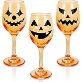 Whaline 3 Pack Halloween Wine Glasses 10oz Orange Pumpkin Red Wine Glasses Jack-O-Lantern Long Stem Drinking Glasses Halloween Party Cups for Restaurants Bars Home Halloween Party Supplies