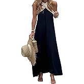 chouyatou Womens Criss Cross Halter Neck Dress Sleeveless Sexy Backless Boho Maxi Long Cotton Linen Dress