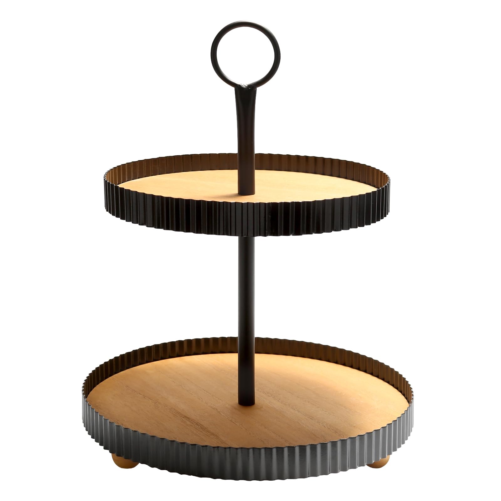 Photo 1 of **MISSING PIECES**Wooden Two Tiered Tray Stand, Farmhouse Round 2 Tier Decorative Tray with Black Metal Floral Edge for Home Kitchen Table Decor, Serving Tray for Coffee Bar Party Weddding Holiday Decorations