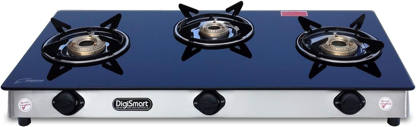 DIGISMART 7 mm Top Glass Finish ISI Approved Manual 3 Burner Indian LPG Cooktop Gas Stove (Black)
