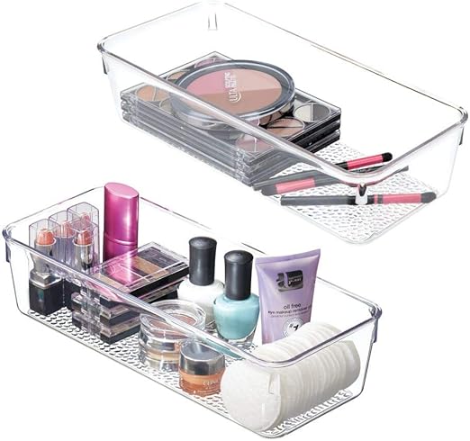 Amazon Com Mdesign Plastic Drawer Organizer Storage Tray For Bathroom Vanity Countertop Cabinet Holds Makeup Brushes Sponges Eyeliner Lip Pencils Hair Accessories Textured Base 5 Wide 2 Pack Clear Home Kitchen