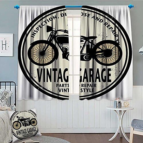 Man Cave Decor Patterned Drape For Glass Door Grunge Rubber Stamp Vintage Garage Custom Motorcycle Repair Waterproof Window Curtain 52"x63" Eggshell Black Light Orange