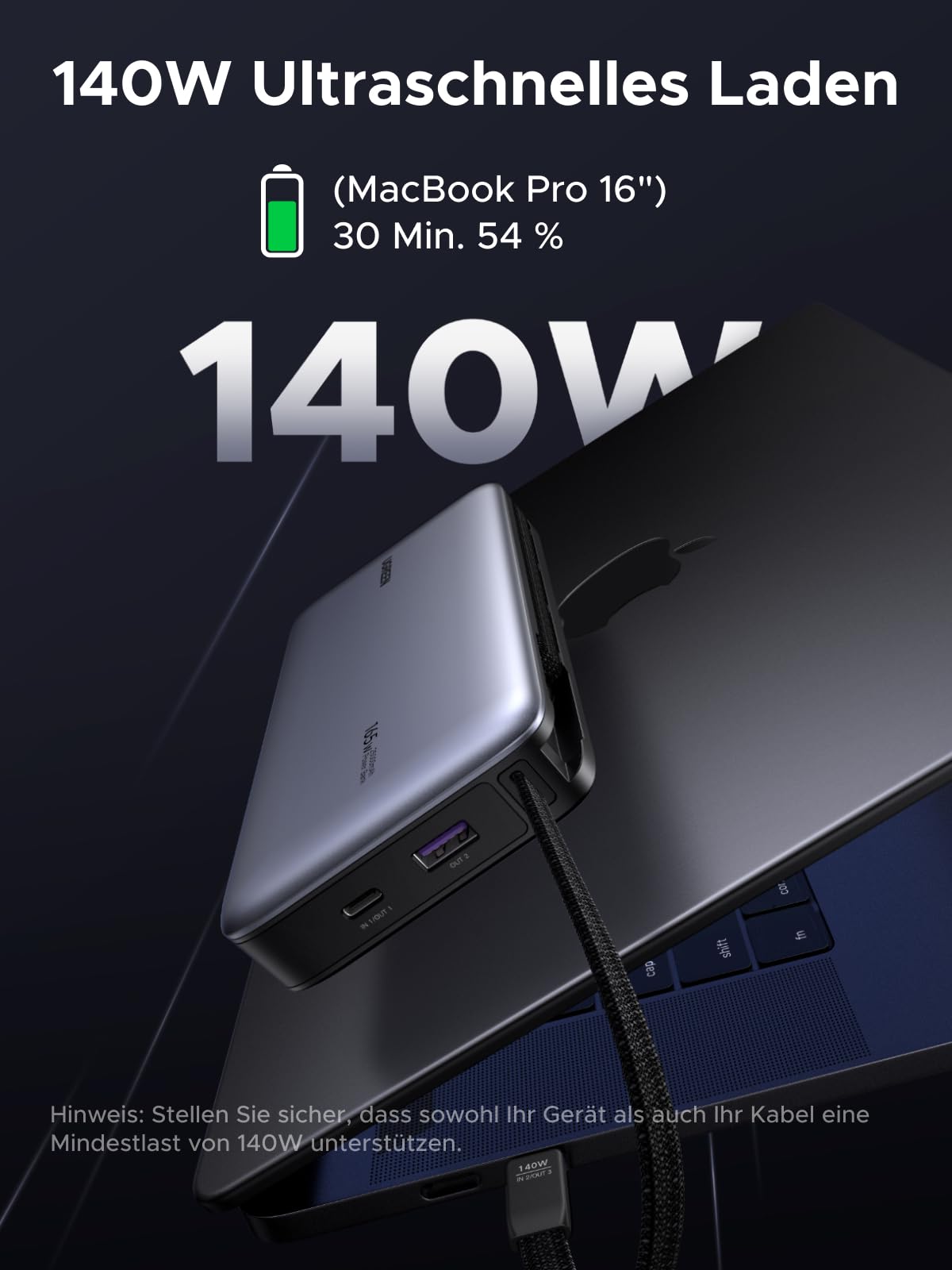 UGREEN Nexode Power Bank, 25000mAh 165W Schnellladen mit 2 Integrierten USB-C Kabeln (140W PD3.1), Kompatibel mit MacBook Pro 16",Dell XPS, iPad Pro, Steam Deck, Galaxy S25 Ultra, iPhone 17 4
