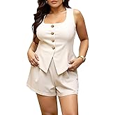winkbay Women's Plus Size 2 Piece Business Casual Outfits Button Up Square Neck Blazer Vest and Shorts Set