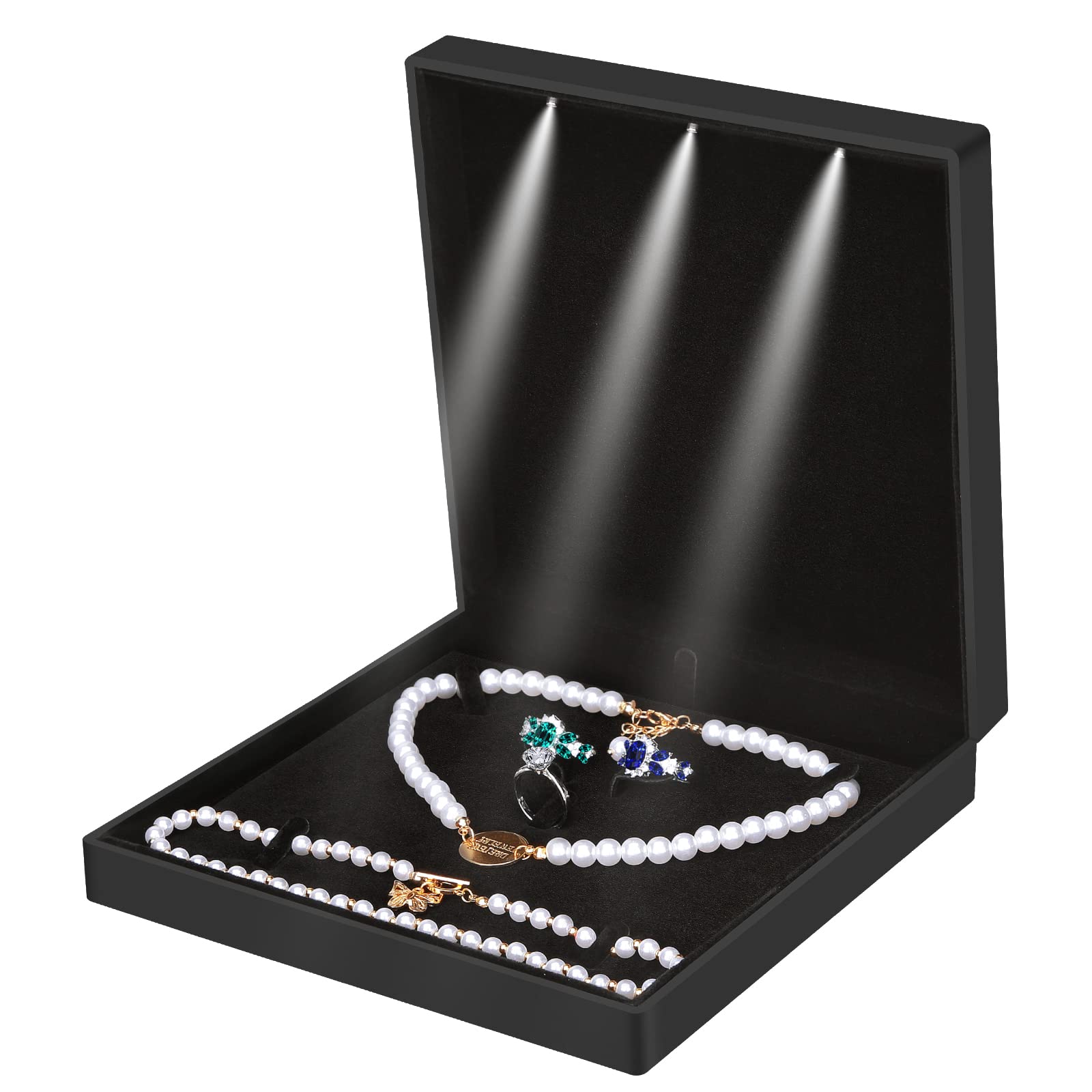 Photo 1 of Large Velvet Jewelry Set Gift Box, Necklace Box With LED Light, Elegant Velvet Gift Box For Bracelet Necklace Earring Ring (Black)
