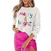 LEMAFER Women 2026 Merry Christmas Round Neck Sequin Letters Sweater Casual Solid Slogan Long Sleeve Pullover Sweatshirt Tops