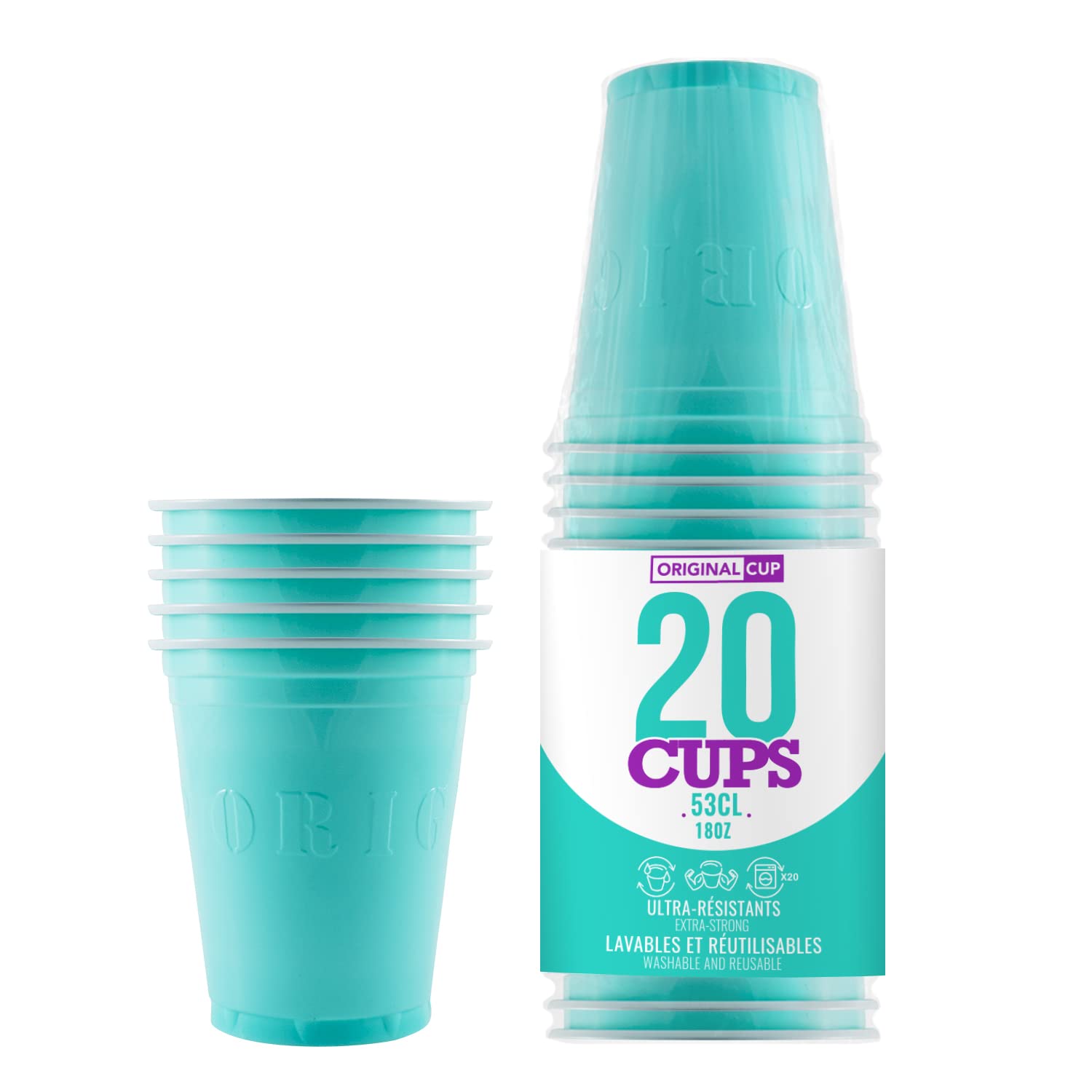 Pack of 20 Original Turquoise Cups Official | American Cups 53cl Turquoise | Beer Pong Premium Quality | Reusable Plastic Cups | Hand or Dishwasher Washable | OriginalCup®