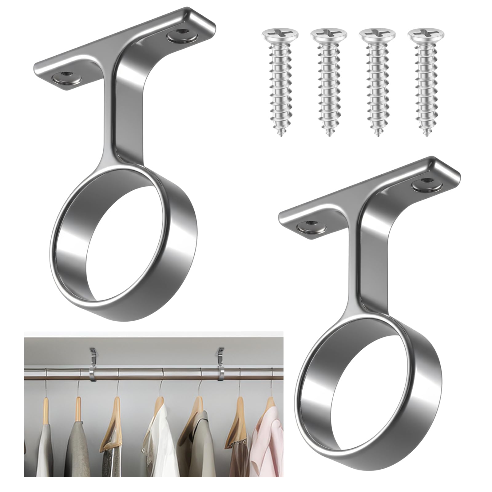 Photo 1 of LEIFIDE 2 Pcs 1 5/16 Inch Diameter Round Wardrobe Closet Rod Suspended Center Support with Installation Screws Curtain Closet Rod Ceiling Mount Bracket for Home Wardrobe (Polished Chrome)