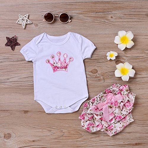 Sweet Newborn Baby Girls Crown Romper+Floral Ruffles Shorts Outfits Clothes Set (L(12-18M))