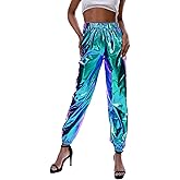 SIAEAMRG Womens Shiny Metallic High Waist Stretchy Jogger Pants, Wet Look Hip Hop Club Wear Holographic Trousers Sweatpant