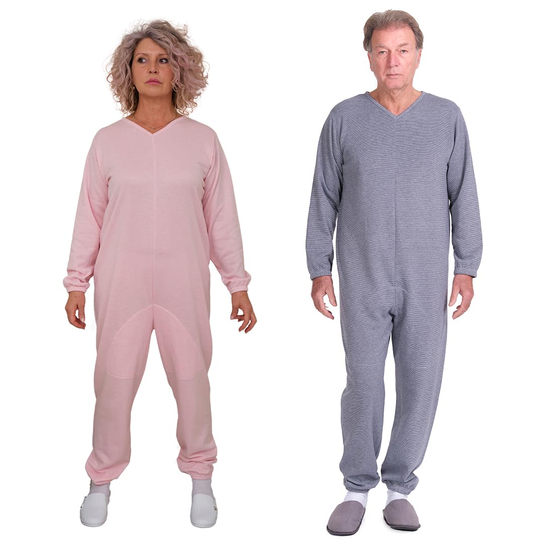 FERRUCCI COMFORT Onesies pajamas with Back Zip for elderly, winter fabric - 9014/1 - For incontinence, Alzheimer's or dementia, Jumpsuit (XXL, Azzurro)
