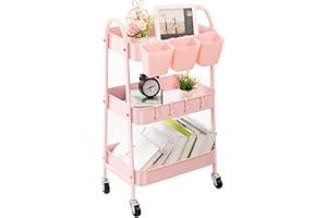 Danpinera 3-Tier Rolling Cart, Metal Storage Cart with Lockable Wheels, Hanging Cups & Hooks, Mobile Trolley for Kitchen, Bathroom, Office, Workshop, Pink