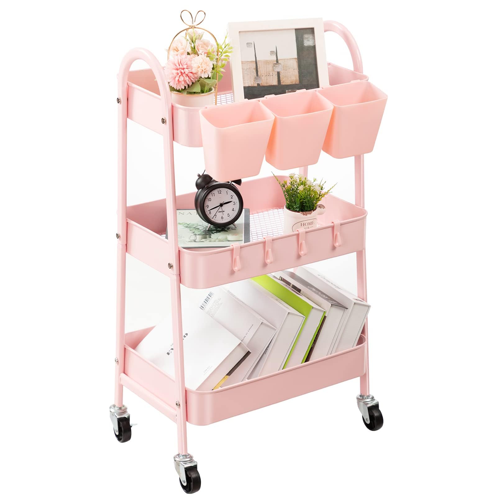 Photo 1 of Danpinera 3-Tier Rolling Cart, Metal Storage Cart with Lockable Wheels, Hanging Cups & Hooks, Mobile Trolley for Kitchen, Bathroom, Office, Workshop, Pink