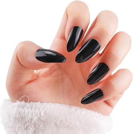24 Pcs 12 Tailles Solide Couleur Noir Stiletto Faux Ongles