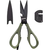 SADOMAIN Kitchen Scissors All Purpose, Extra Sharp Kitchen Shears with Knife Sharpener &amp; Sheath, Solid &amp; Durable Stainless Steel Scissors with ANTI-RUST Black Titanium Plated, Dishwasher Safe &ndash; Green