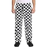 Men’s Black and White Checkerboard Print Chef Pants with Elastic Waist Drawstring Baggy Chef Uniforms