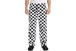 NIDEEN Men’s Black and White Checkerboard Print Chef Pants with Elastic Waist Drawstring Baggy Chef Uniforms