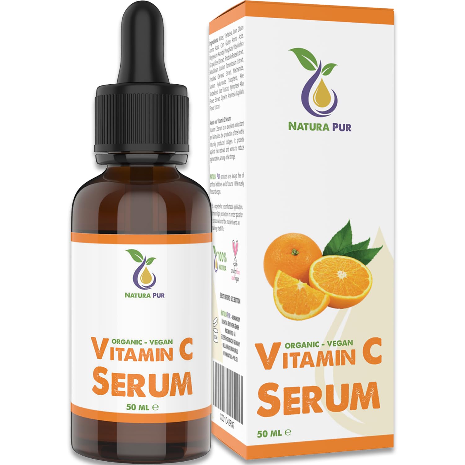 Vitamin C Face Serum 50ml, vegan - 20% Vitamin C & Hyaluronic Acid - Anti-aging Vitamin C Serum gel with aloe vera against wrinkles for face & décolleté - Organic Natural Cosmetics