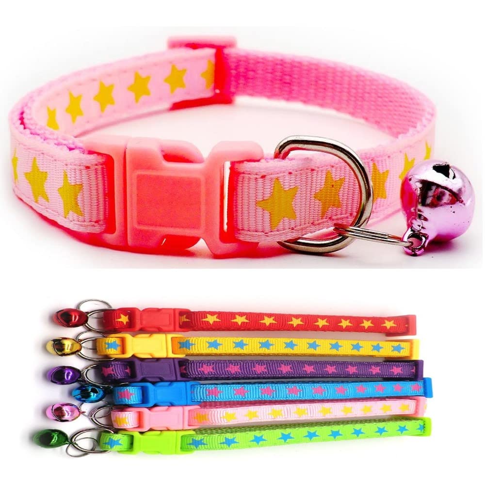 Small Dog Puppy Pet Collar Star Design with Bell Nylon Adjustable Size 19-32cm Pink