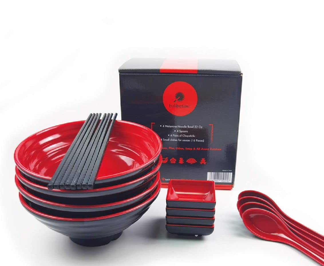Goliber Balibetov Ramen Bowl Set - Includes Melamine Ramen Bowls, Chopsticks, Spoons and Small Dish for Sauce - Ideal for Asian, Chinese, Japanese, Korean or Pho Noodle Soup -4 Sets, 16pcs (Red, 4)