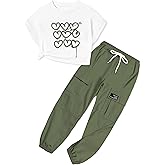 ARTMINE Girls' 2 Piece Outfits Casual Drawstring Jogger Pants and Loose Crop Top Set, 6-14 Years