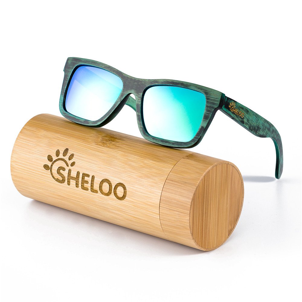 SHELOO Bamboo Wood Polarized Sunglasses Retro Style 100% UV Protection Green Frame