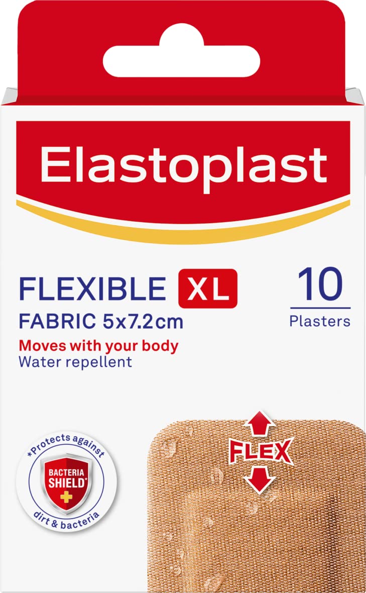 Elastoplast Flexible XL Fabric Plasters (10 x 10 Pieces), Extra Large Wound Pad, Breathable, Large Plaster for Knees and Elbows, Strong Adhesion, Water-Repellent, Tan