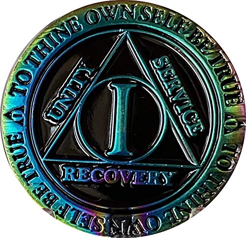 1 Year AA Medallion Reflex Rainbow Plated Black Sobriety Chip