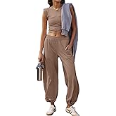 Glamaker Women's Two Piece Athletic Sets Casual Workout Sleeveless Cropped Tops High Sweatpants Joggers Tracksuits