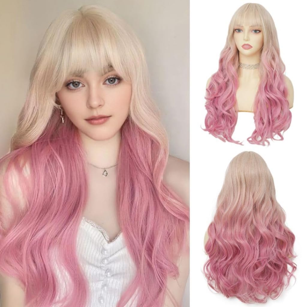 Salaibs Blonde Pink Long Wigs for Women with Bangs Ombre Pink Curly Wavy 24 Inch Hair Wig Heat Resistant Synthetic Fiber Cosplay Costume Halloween Party Wig — image 1