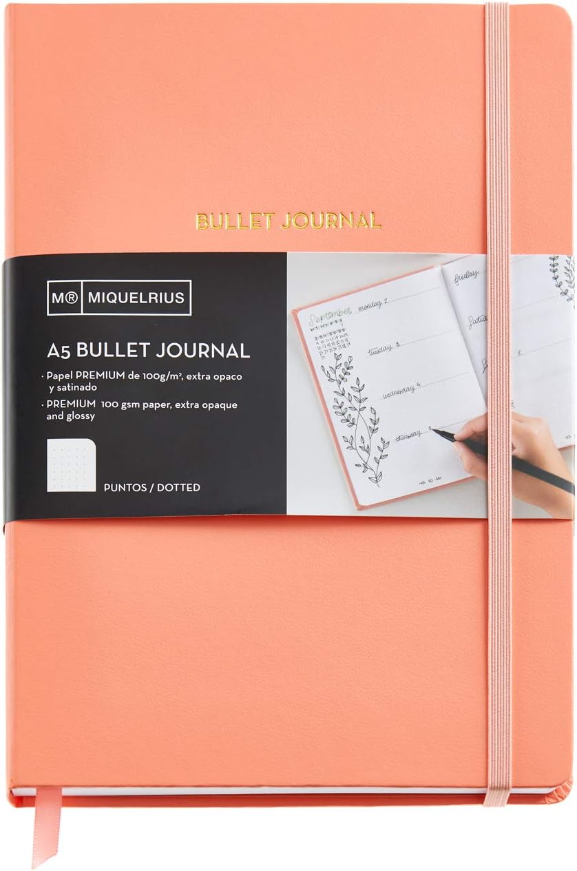 Miquelrius, Bullet Journal Notebook, Imitation Leather Hard Cover and Elastic Closure, Size A5 (148x210mm)
