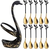 AnSaw Black Swan Base With 10-Pcs Mini Leaf Coffee Spoon Holder Set - 4.7" | Stainless Steel Leaf Handle Spoons,Small Spoons,Espresso Spoons,Tea Spoons,Dessert Spoons,Demitasse Spoons