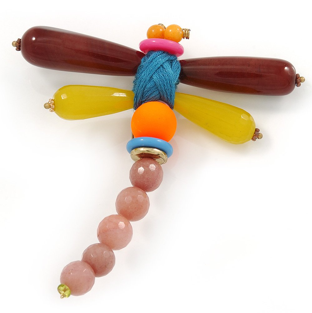 Handmade Large Semiprecious Stone Dragonfly Brooch In Silver Tone - 95mm L