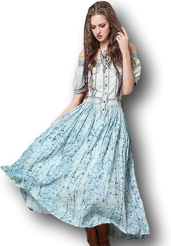 Amazon ジズル Zizzle レディース デニム柄 オフショル Aライン マキシ丈 切り替え ワンピース パステルブルー 半袖 ボヘミアン ファッション 向け ワンピース チュニック 通販