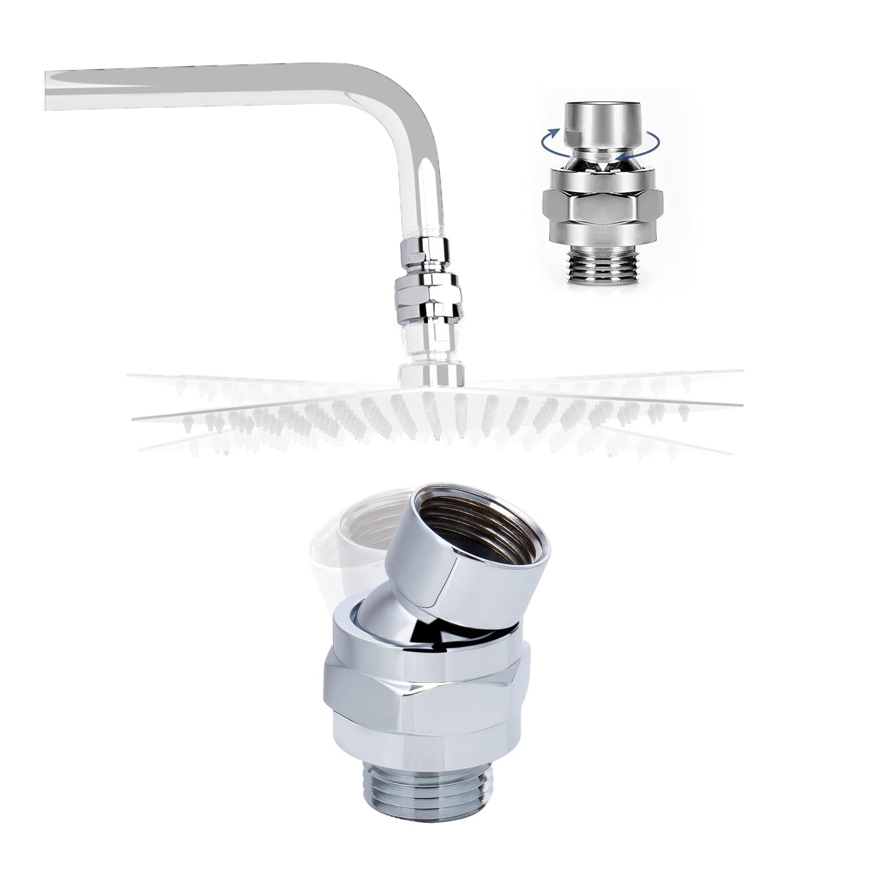 ieron Showerhead Extension 360° Swivel Ball Turn Adapter Head Connector for G 1/2 Universal Replacement Shower Arm & Shower Head - Silver