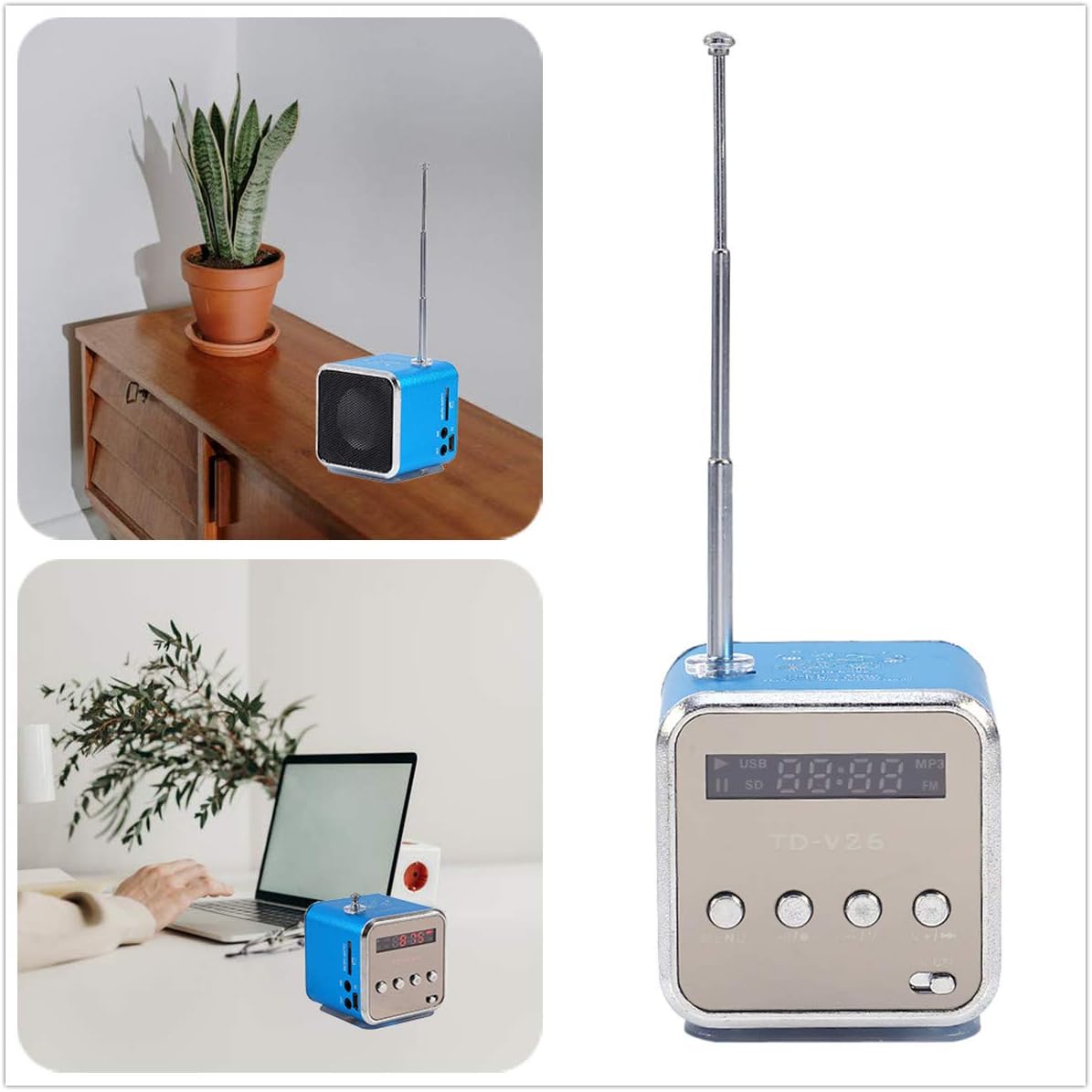 Yoidesu Portable Mini Speaker Music Player FM Radio Battery Powered Mini Digital Display Screen Speaker Music Player for Computer&Cell Phone Support TF Card and U Disk (Blue) - Image 4
