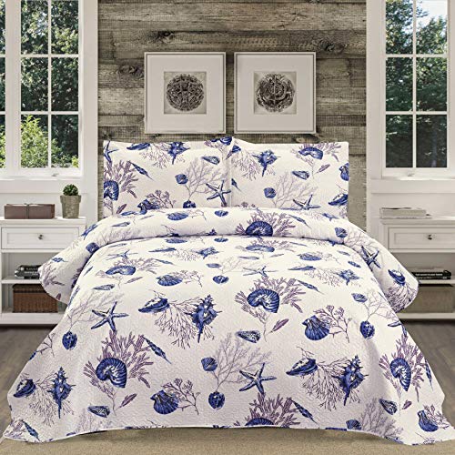 Beach Bedspread 3 Piece Quilt Set King Size Ocean Bedding Lightweight