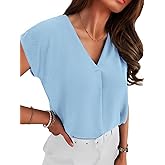 Totatuit Women V Neck Chiffon Blouses Cap Sleeve Loose Fit Shirts for Work Dressy Casual Buiness Solid Tops