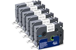 Absonic 6X 12mm 0.47" Laminated White Compatible for Brother P Touch Label Tape 12mm 0.47 White Tze Tz Tape Tze-231 Tz-231 Tz231 Tze 231 Black Ink on White Label Tape for PTD210 PTD220 PTH110 PTD202